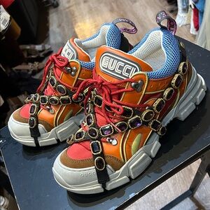 Men’s Gucci Flashtrek Orange and Blue Sneakers with Jewel straps